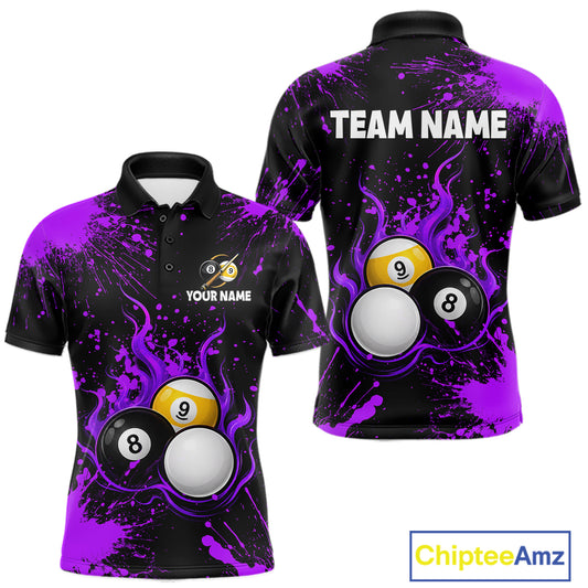 Purple Splatter Flame 8 Ball & 9 Ball Pool Polo 1/4-Zip Shirt For Men Personalized Billiard Team Apparel NYN3973