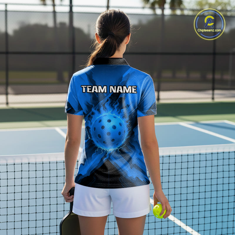 Custom Fire Flame Blue Pickleball Ball T-Shirt For Women Outfits Pickleball Jerseys NYN2486