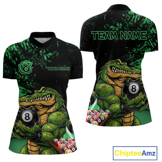 Custom Green Grunge Crocodile 8 Ball Billiard Pool Shirt For Women Funny Billiard Team Jersey NYN3066