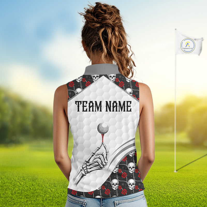 Red Roses Skull Pattern Golf Sleeveless Polo Shirts For Women Custom Bone Hand Golf Team Tournament NYN3254