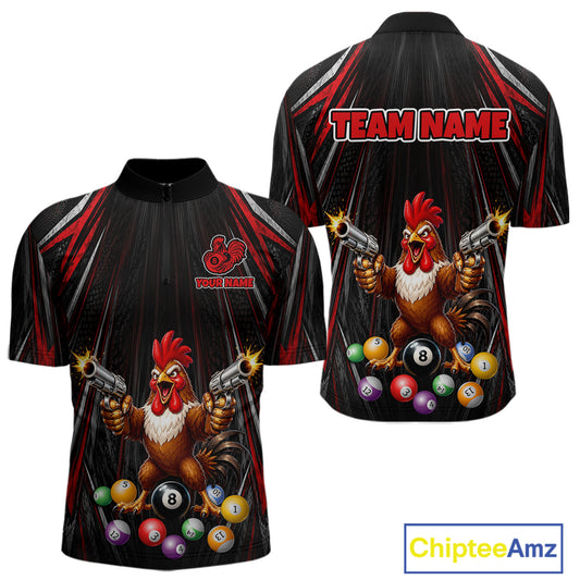 Black and red rooster gun 8 ball billiard 1/4-zip shirt for men funny pool apparel