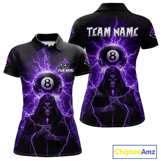 Grim Reaper Thunder Purple 8 Ball Pool Women Polo & 1/4-Zip Shirt Custom Billiards Ball Jerseys NYN2432