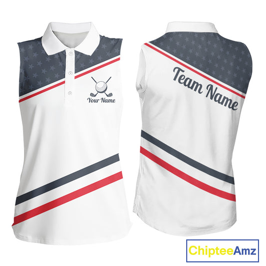 Womens Golf Sleeveless Polo Shirt Custom American Flag White Golf Shirt Patriotic Polo Team Clothing Attire NYN2852