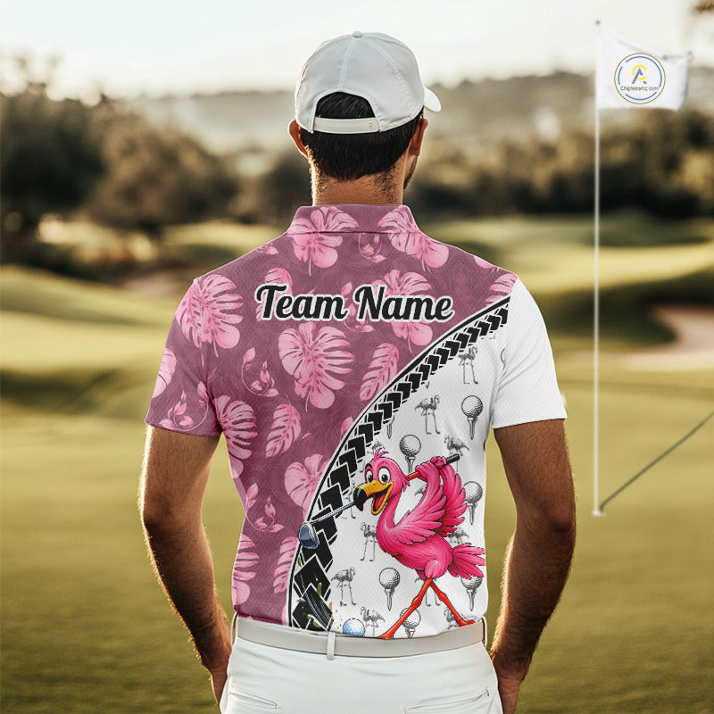 Golfing Flamingo Mens Golf Polo Shirt Custom Pink Pattern Monstera Golf Ball Clothes Shirts NYN2910