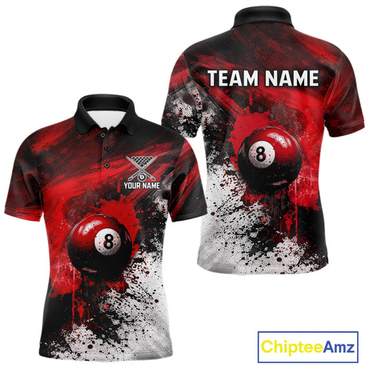 Red Grey Splatter Paint Pool 8 Ball 3D Billiard Shirt For Men Personalized Billiard Attire Gifts NYN2567