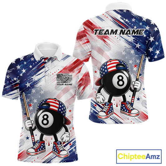 Custom Funny 8 Ball Billiard Polo Shirt For Men, Grunge Red White Blue US Flag Pool Team Jersey, Personalized Billiard League Polo, 8 Ball Pool Player Apparel