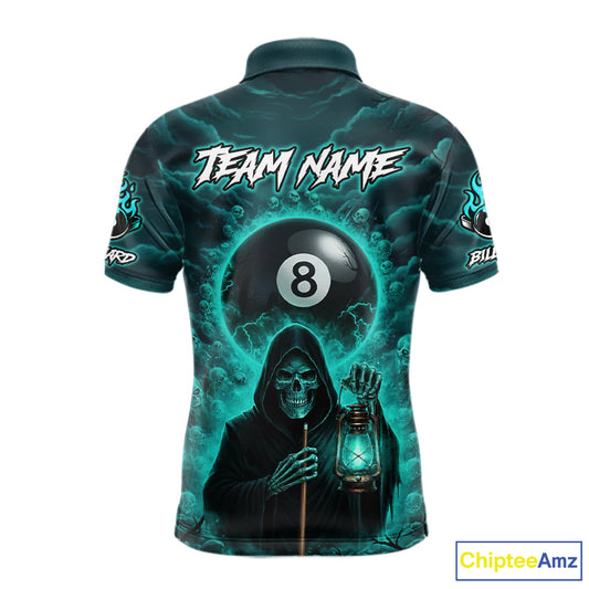 Teal Thunder Grim Reaper 8 Ball Pool Men Polo & 1/4-Zip Shirt Custom Billiard Ball & Cue Gifts NYN2436