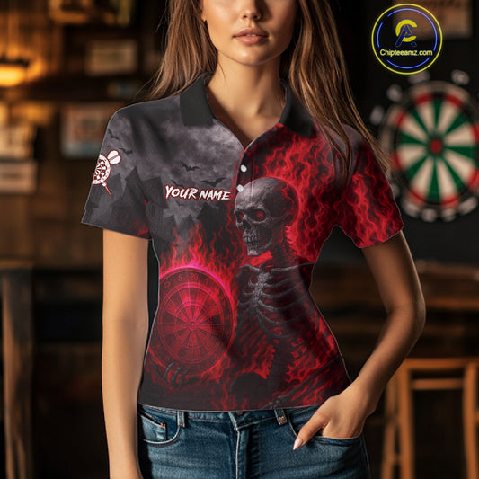 Custom Grey And Red Flames Dartboard Skeleton Dart Women Polo Shirt Dart Team Jerseys NYN1629