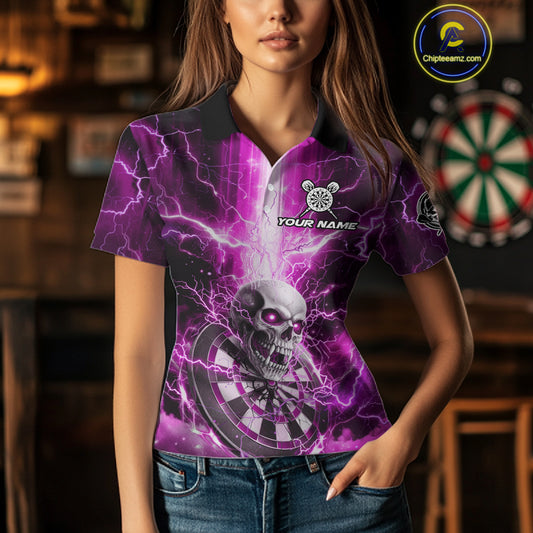 Custom Lightning Pink Skull Cracked Dartboard Dart Women Polo Jerseys Outfits Dart Shirt NYN1687