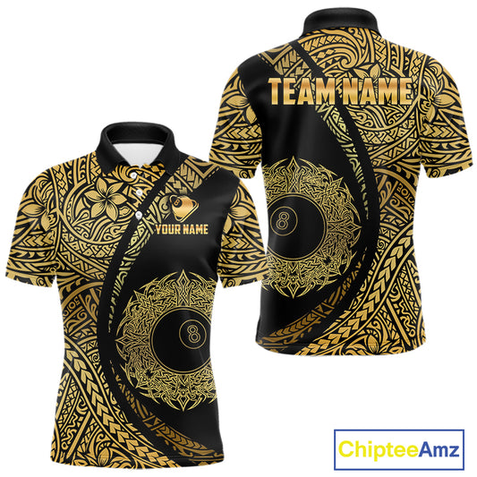 Black & Gold 8 Ball Crown Billiard Polo & 1/4 Zip Shirt For Men Custom Tribal Pool Team Jerseys NYN2944