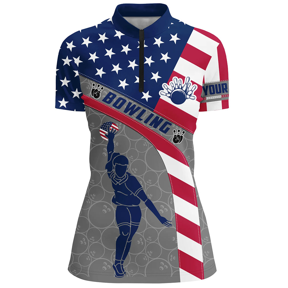 Camo US Flag Bowling Shirt Patritotic Bowling Team Jersey 1/4 Zip Bowling Shirt for Women QZT256