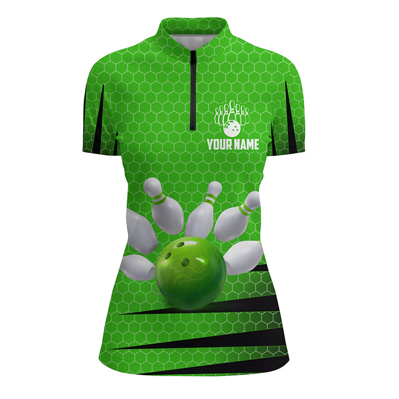 Personalized Bowling Jersey Green Bowling Shirt for Women Bowling Team League 1/4 Zip Shirt QZT270