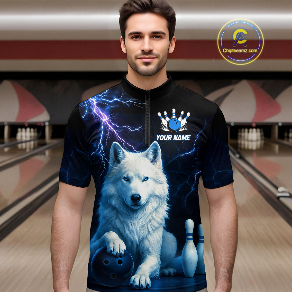 Custom Bowling Shirts for Men White Wolf Bowling Polo & Quarter-Zip Jersey Thunder Bowling Outfit QZT701
