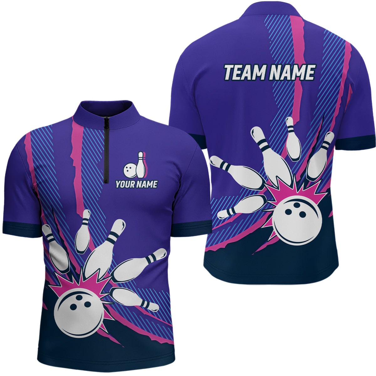 Custom Camo Pink & Purple Bowling Shirt Unisex Men Bowling Team Jersey Quarter Zip QZT508