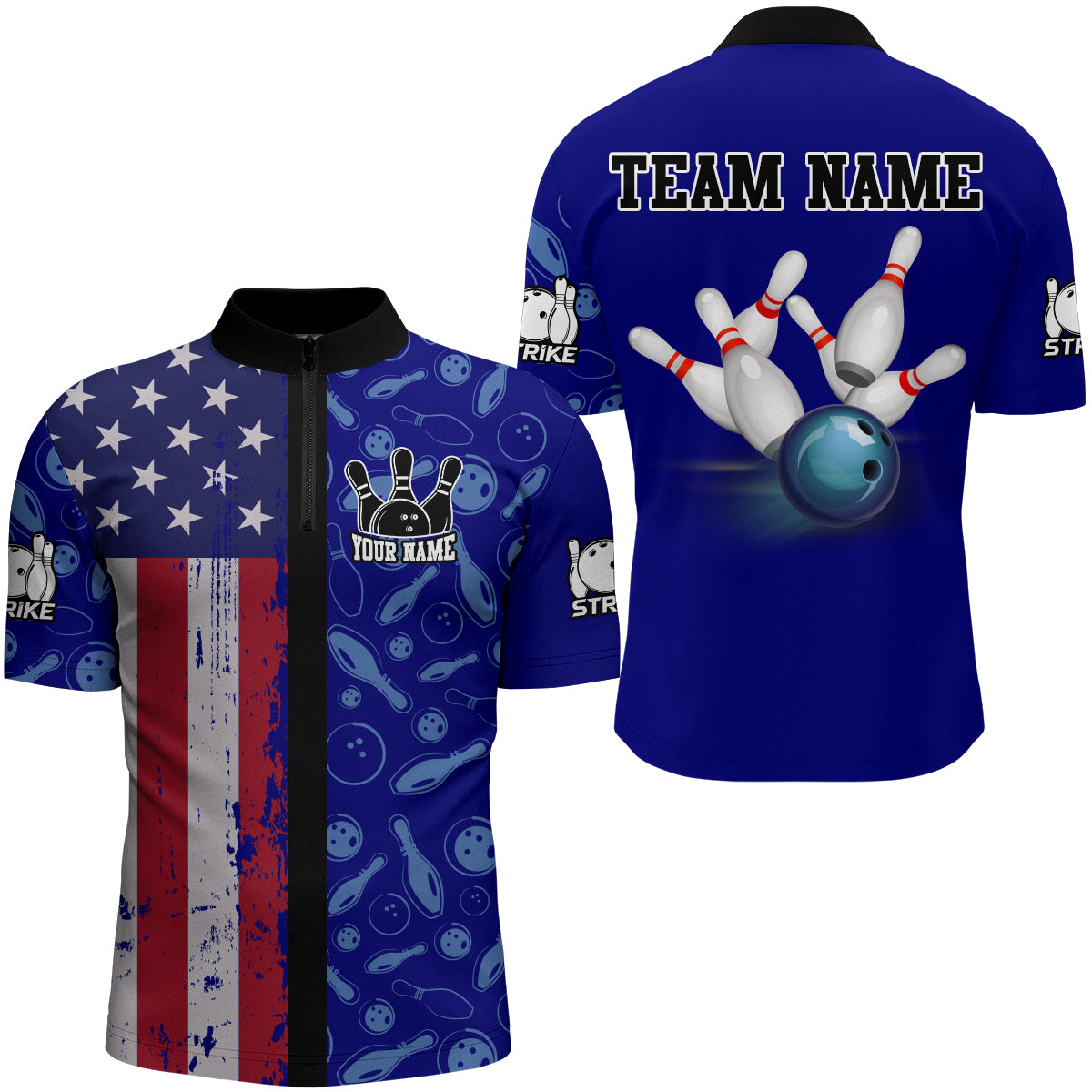 American Bowling Quarter-Zip Shirt for Men Custom Bowling Team Shirt Bowlers Jersey QZT234