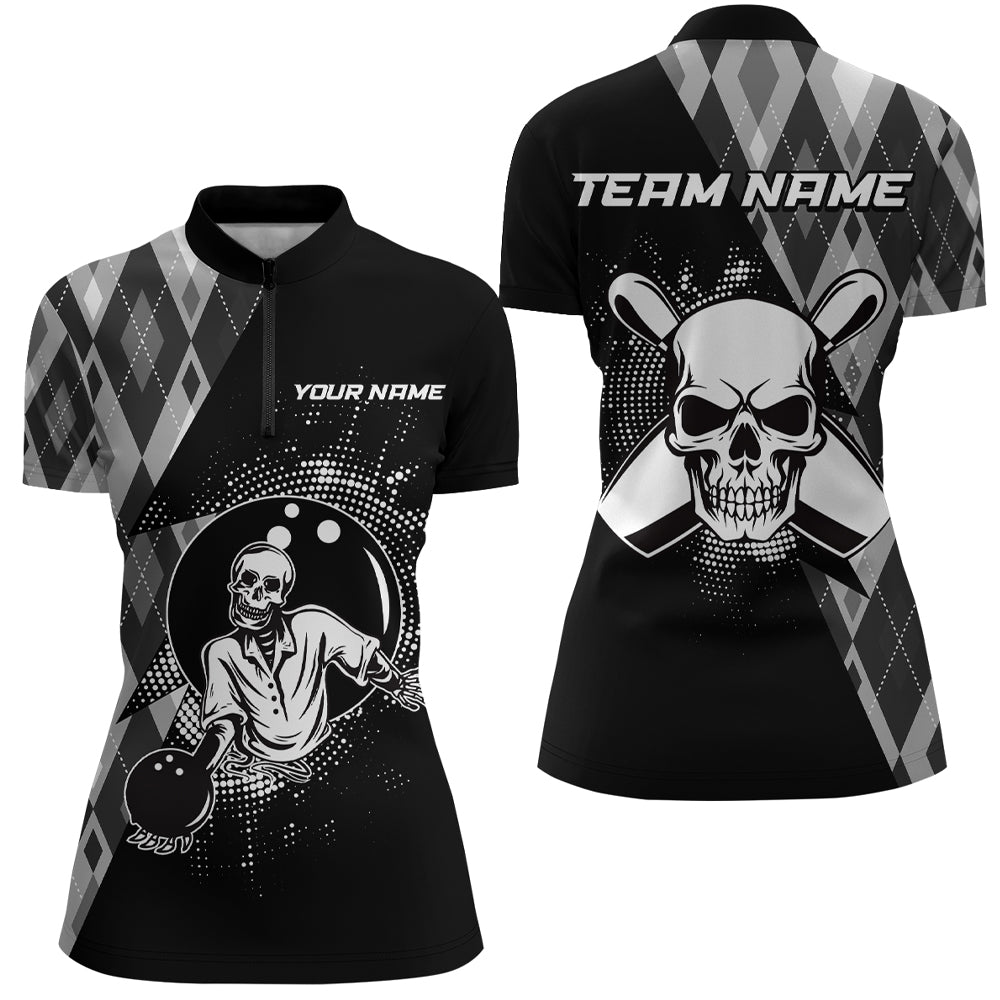 Personalized Bowling Shirts Black Women Skull Bowling Team League 1/4 Zip Shirt Uniform QZT422