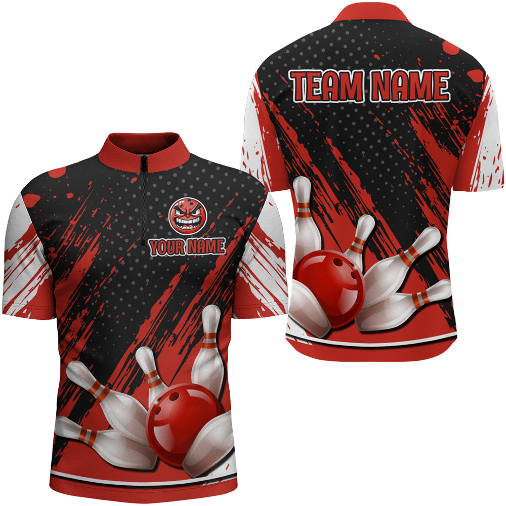 Personalized 3D Quarter Zip Bowling Shirts for Men Funny Red Bowling Team Jersey QZT512