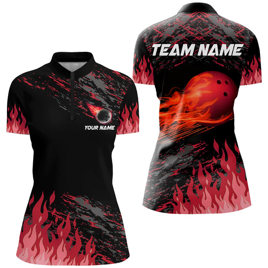 Red Flame Bowling 1/4 Zip Shirts Men And Women Custom Bowling Team Jersey Unisex Uniform Bowlers BDT523