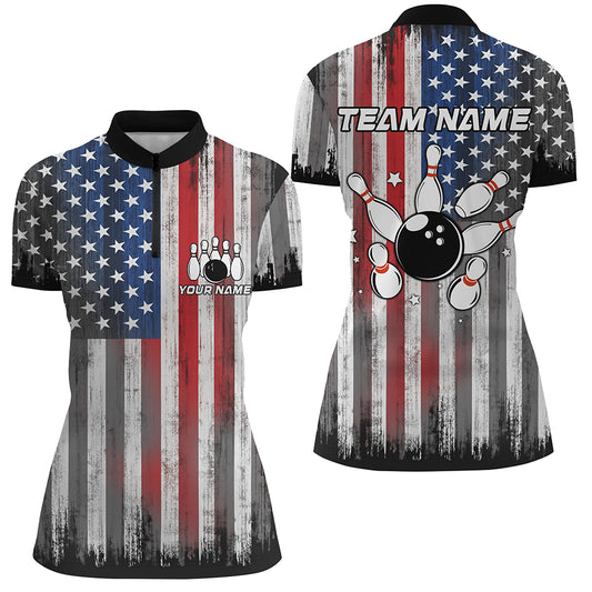 Custom American Flag Bowling Jersey Team Bowling Quarter-Zip Shirts Men & Women BDT499