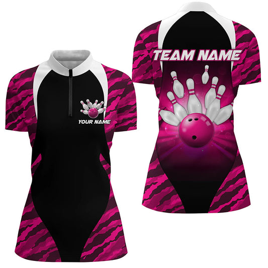 Pink Camo Bowling Shirts Men Women Bowling Jersey Unisex Custom 1/4 Zip Bowling Team Shirt BDT597