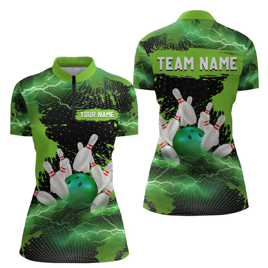 Custom Green Bowling Quarter-Zip Shirts Men & Women Lightning Thunder Bowling Team Jerseys BDT455