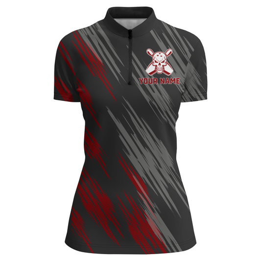 Skull Bowling Quarter-Zip Shirt For Women Black&Red Bowling Jersey Bowling Team Shirt BDT159