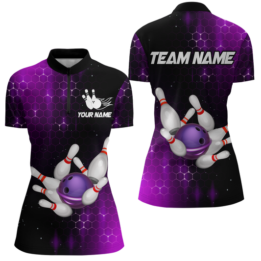 Personalized Purple Bowling Shirts Men Women Bowling Team Jersey Bowling 1/4 Zip Shirt BDT488