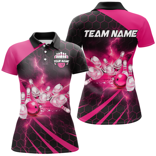 Custom Bowling Jersey For Couples Pink Bowling Polo Shirts For Men And Women BDT491