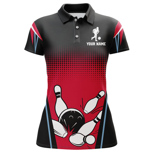 Custom Bowling Polo Shirt Black&Red Bowling Jersey For Women Custom Bowling Team Shirts BDT256