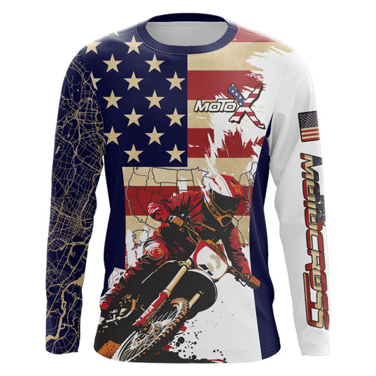 Motocross Racing Jersey UPF30+ American Flag Dirt Bike Shirt Kid Men Women Map US Patriotic XM102