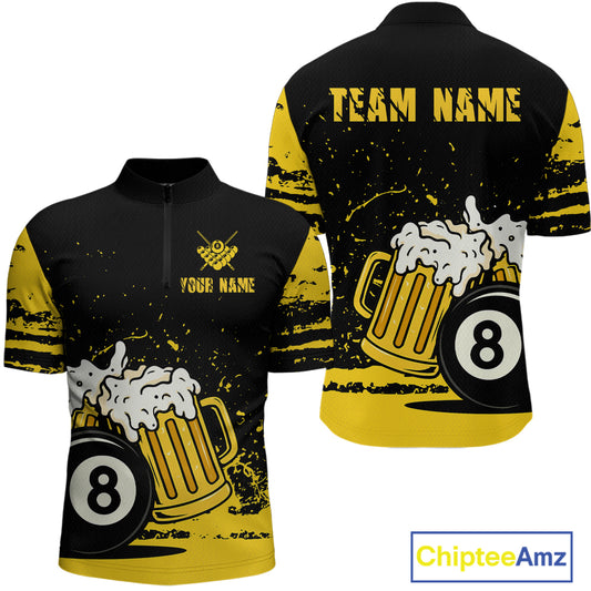 Custom Black and Yellow 8 Ball Beer Billiard Shirts for Men, Billiard Team Polo & 1/4 Zip Shirts NNT68