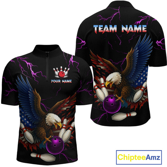 Purple Thunder US Flag Eagle Bowling Shirts for Men Team Bowling Polo & Quarter-Zip HNT96