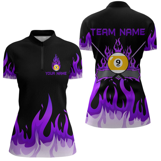 Custom 9 Ball Purple Flaming Billiard Shirts for Women Billiard Team Shirts Billiard League NNT73