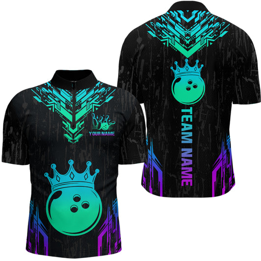 Custom Black Neon Crown Bowling Jersey for Men Bowling Uniform Polo & 1/4 Zip Bowling Team Shirts HNT123
