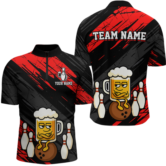 Custom Red Funny Beer Bowling Jersey for Men Bowling Uniform Polo & 1/4 Zip Bowling Team Shirts HNT107