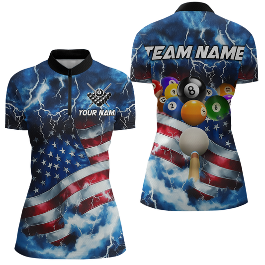 US Flag Thunder Billiards Shirt Women Polo & 1/4 Zip Shirts Billiard Team Jersey for Team NNT11