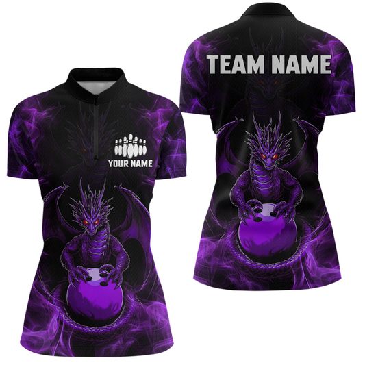 Purple Dragon Custom Name Bowling Shirts For Women, Bowling Team Jersey Polo & Quarter-Zip Shirt HNT39