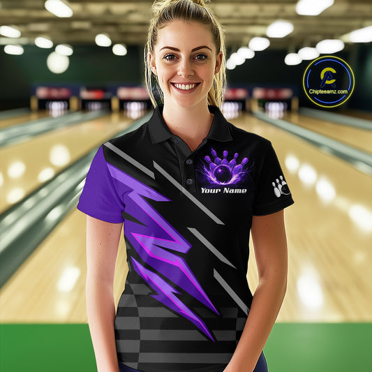 Black and Purple Lightning Bowling Polo, 1/4 Zip Shirt for Women Custom Bowling Team League Jersey NQS10907