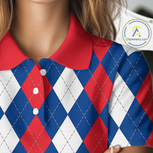 Load image into Gallery viewer, Women golf polo shirt custom red, white and blue argyle plaid pattern golf attire for ladies NQS9847