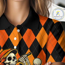 Load image into Gallery viewer, Funny Women golf polo shirt custom orange and black argyle plaid Halloween Skull ladies golf attire NQS10355
