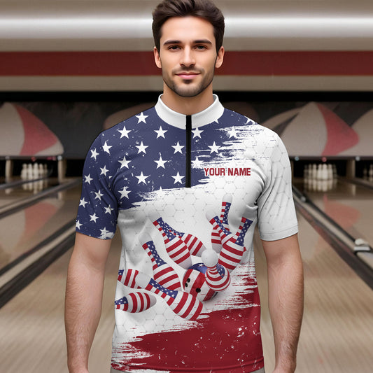 American Flag Bowling Quarter-Zip Shirt Custom Bowling Jersey for Men Bowling Team League QZT52