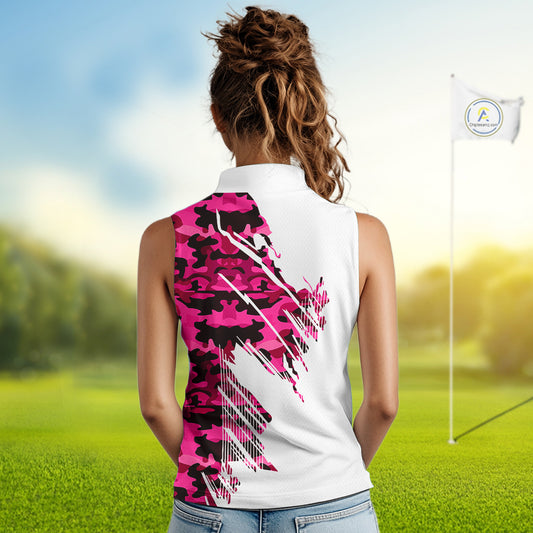 Personalized Women sleeveless golf polo shirt custom white and pink camo ladies golf apparel NQS10335