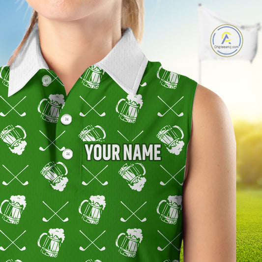 Green and white golf pattern Women sleeveless polo shirt custom golf beer outfit ladies golf clothes NQS9861