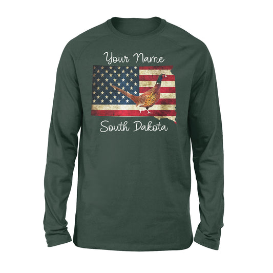 Pheasant hunting shirt South Dakota American Flag bird hunter custom name Long sleeve - FSD1162 D06