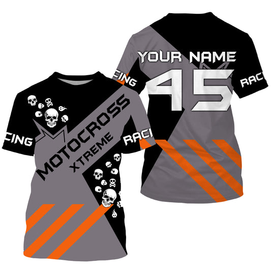 Black Motocross jersey custom name number kids men women UPF30+ dirt bike skull MX shirt offroad PDT148