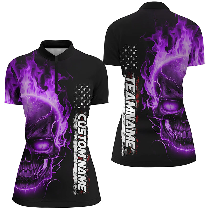 Purple Flame Skull Custom Bowling 1/4 Zip Shirts For Women, American Bowling Team Jerseys IPHW5276
