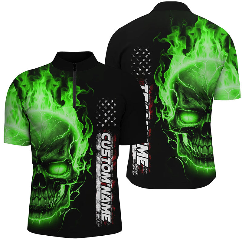 Green Flame Skull Custom Bowling Quarter Zip Shirts For Men, American Bowling Team Jerseys IPHW5278