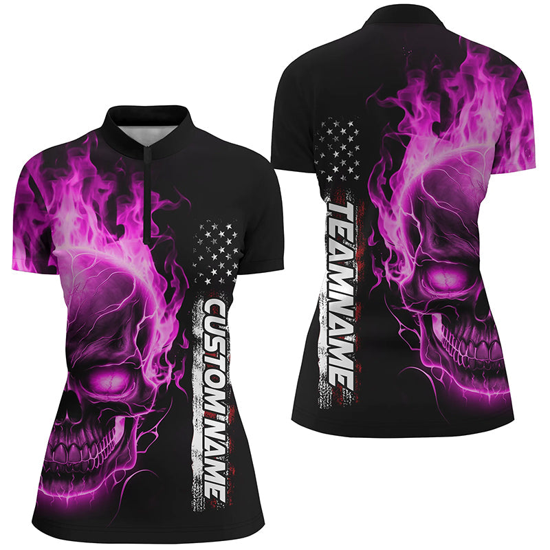 Pink Flame Skull Custom Bowling Quarter Zip Shirts Womens, American Bowling Team Jerseys IPHW5279