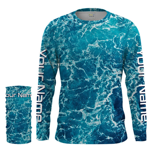 Custom Saltwater Long Sleeve performance Fishing Shirts for anglers | teal blue Sea wave camo Fishing jerseys - IPHW1328