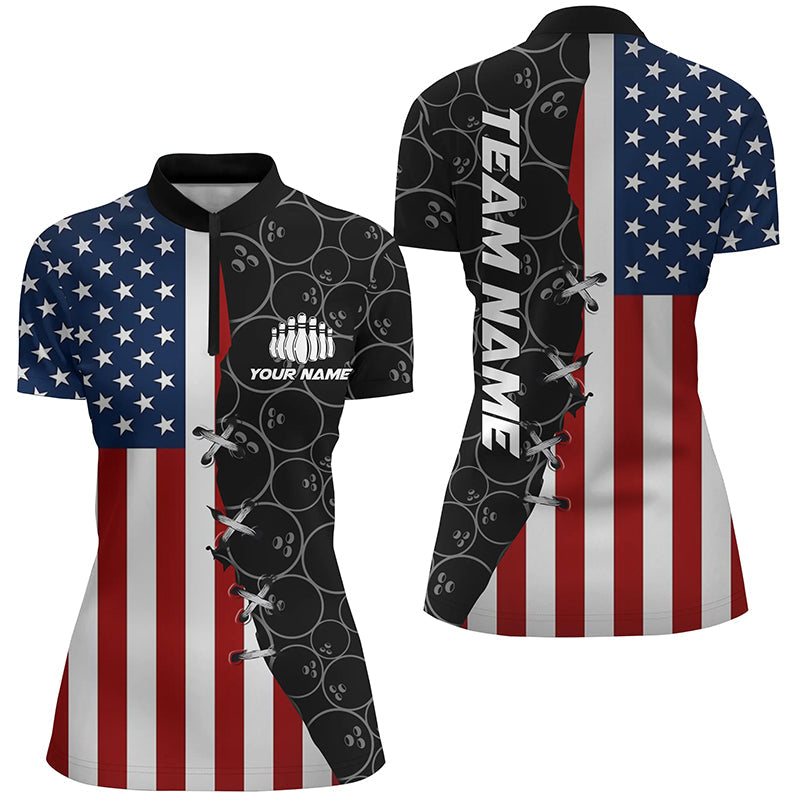 Us Flag Custom Bowling Team Shirts For Women Bowling Ball Pattern Patriotic Gifts IPHW5479